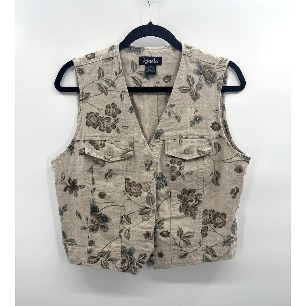 VTG Rafaella Womens Linen Vest 10 Floral Natural Garden Earthy Cottagecore Retro